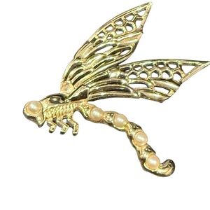 Marcel Boucher Marboux Vintage Gold Dragonfly Brooch with Pearl Accents